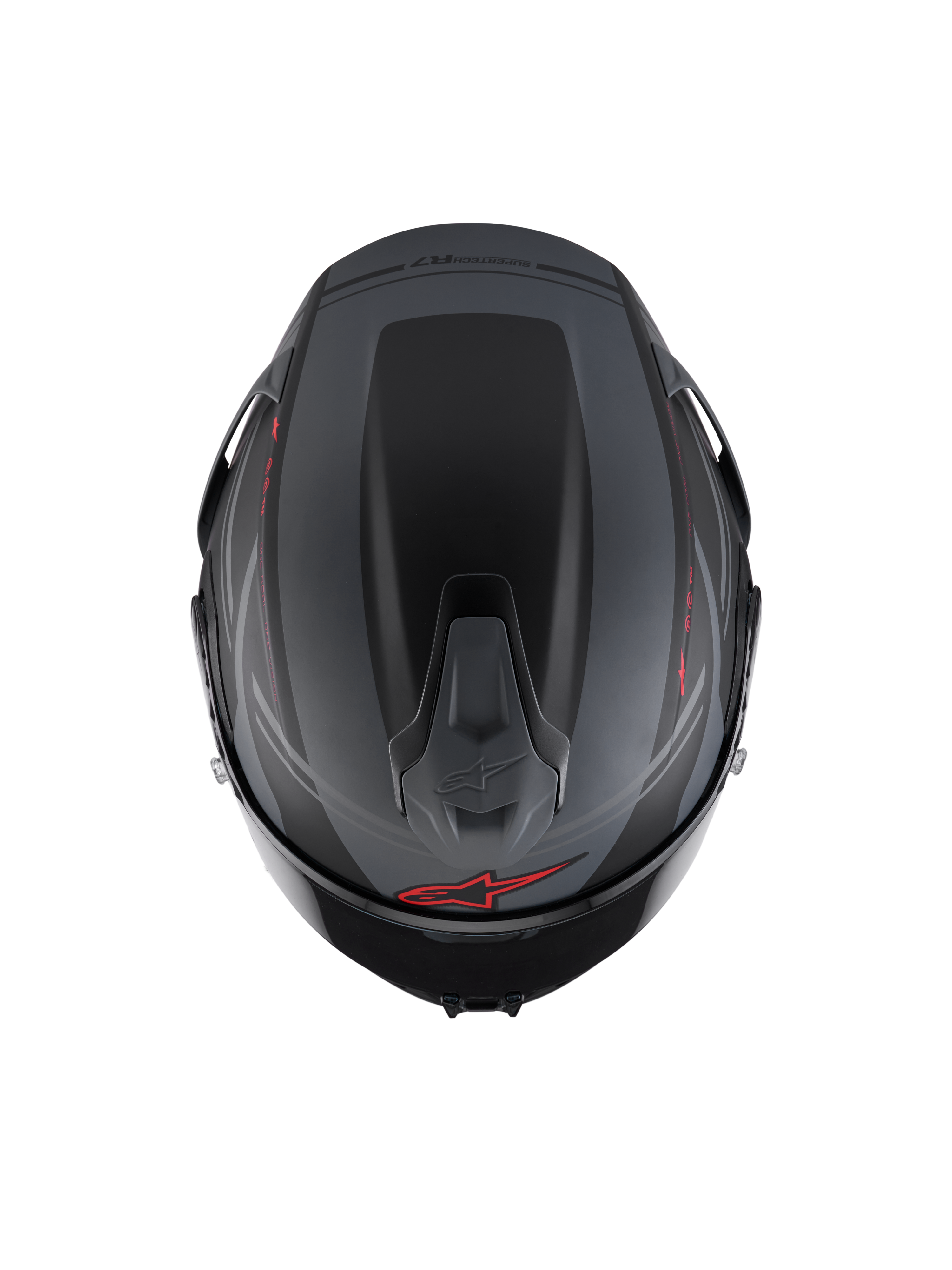 Alpinestars S-R7 A-Core Hjelm ECE06, fuldface motorcykelracinghjelm set ovenfra, sort, grå og rød med aerodynamisk spoiler og ventilation