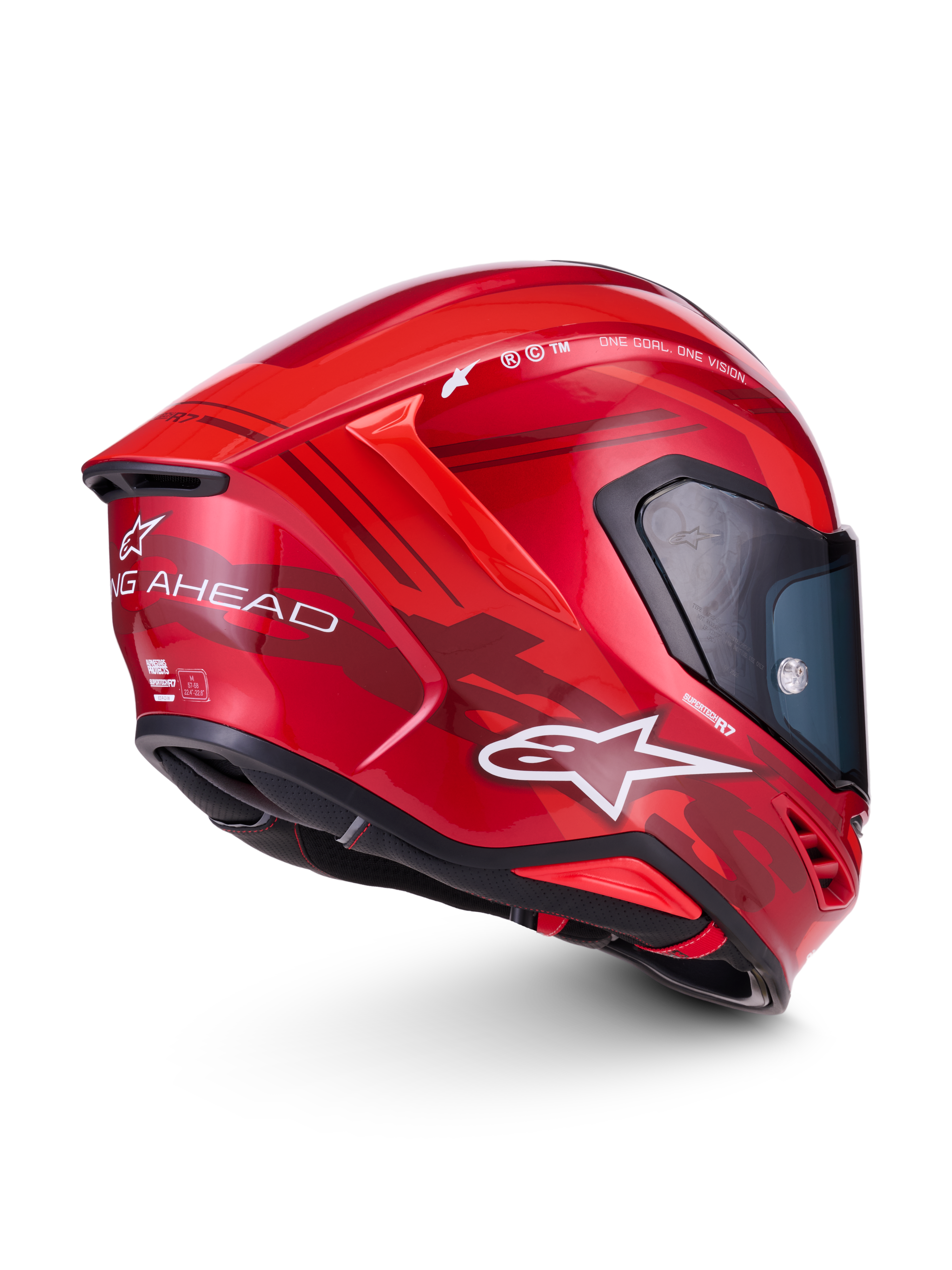 Alpinestars S-R7 A-Core helmen ECE 22.06, helhjelm til motorcykel i rød og hvid med blank finish, sideprofilvisning med avanceret aerodynamik, carbonkompositkonstruktion og karakteristisk branding