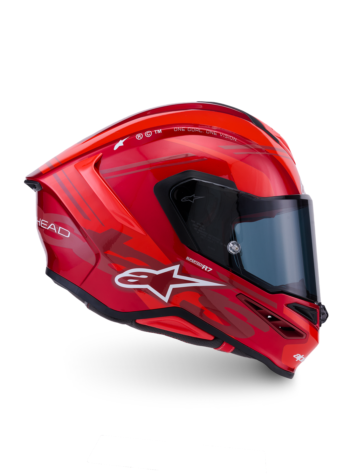Alpinestars S-R7 A-Core Helmet, full face motorcycle racing helmet, ECE 22.06 certified, Red and White glossy finish with carbon composite construction and integrated aerodynamic spoiler