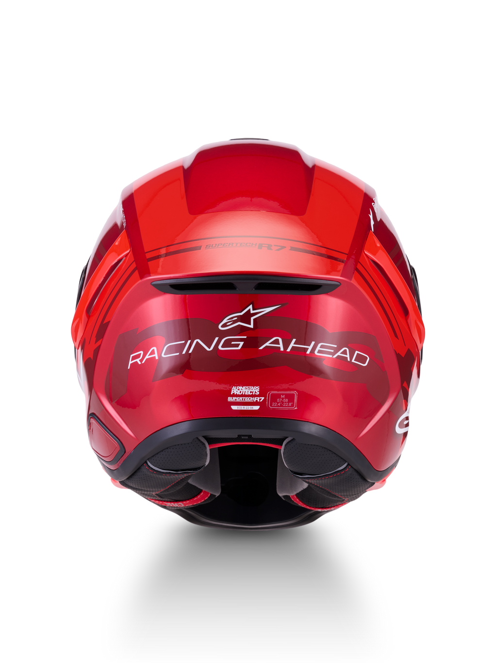 Alpinestars S-R7 A-Core Hjelm ECE06/DOT, motorcykelracinghjelm set bagfra med rød og hvid blank finish og Racing Ahead-branding