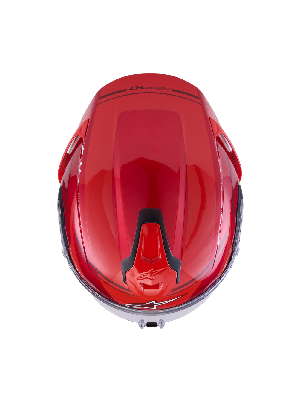 Alpinestars S-R7 A-Core Hjelm ECE06, motorcykelhjelm set ovenfra, rød og hvid med blank finish og sorte ventilationsdetaljer