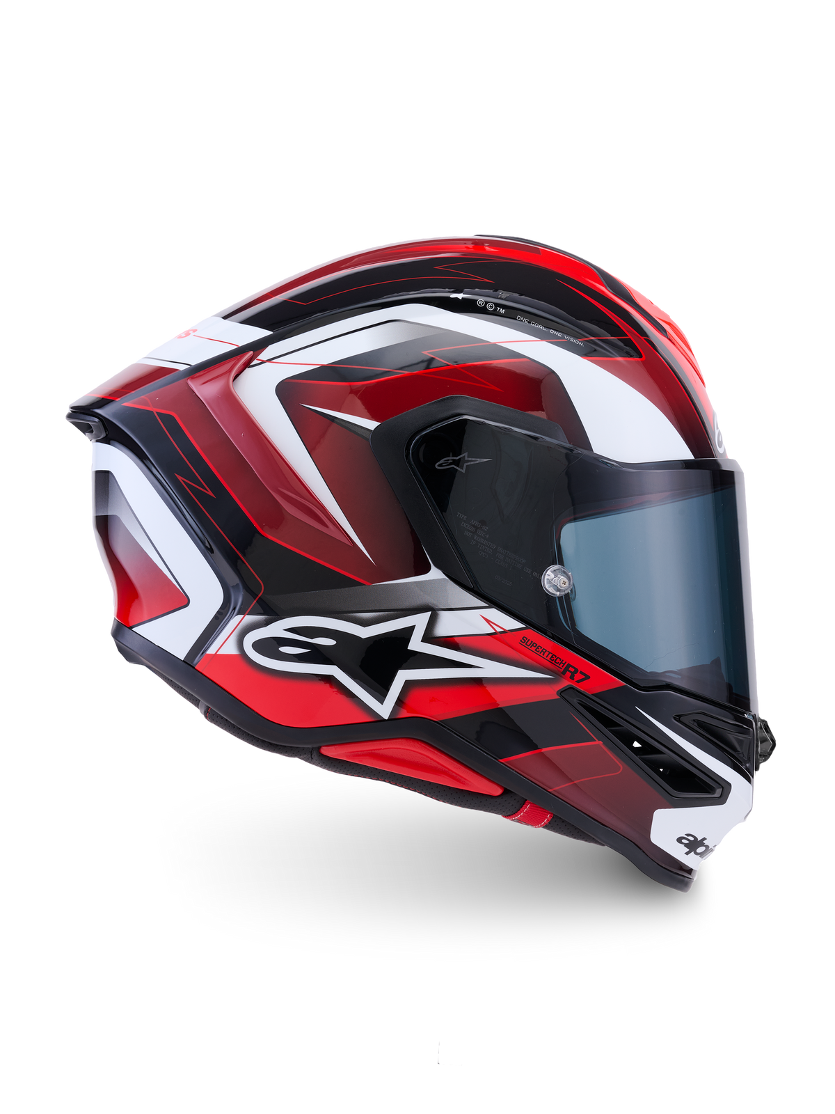 Alpinestars S-R7 Kinetis Helmet, full face motorcycle racing helmet, Black, Red, and White glossy finish, carbon composite construction, ECE certified