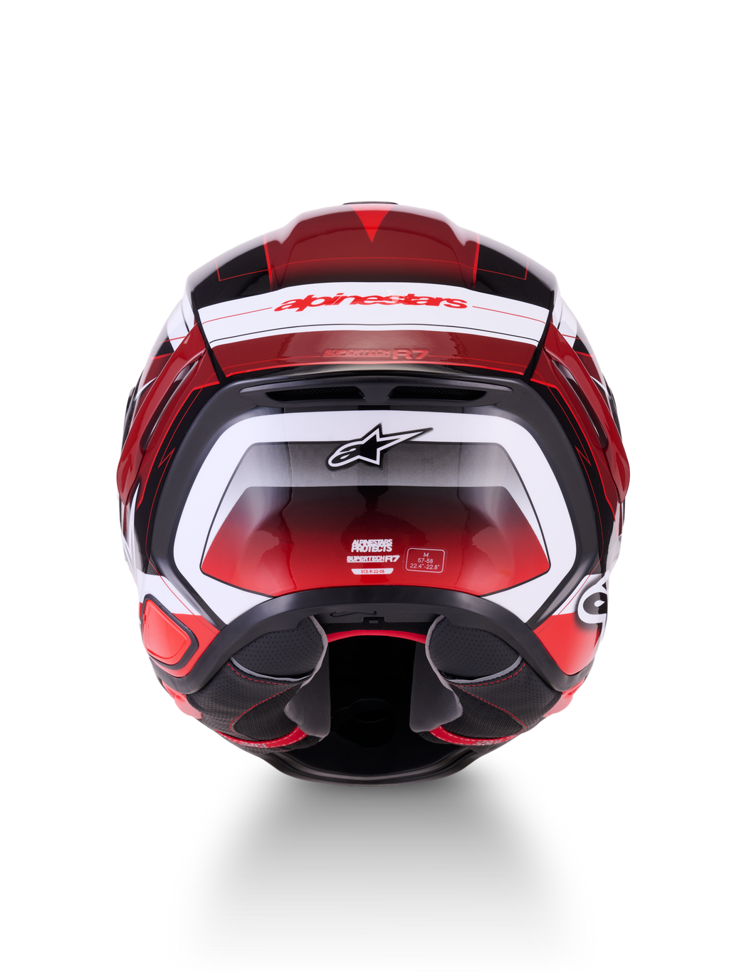 Alpinestars S-R7 Kinetis hjelm, fuldheds-motorcykelhjelm set bagfra, sort, rød og hvid med blankt grafisk layout, mærkelogoer og CE-certificeringsdetaljer