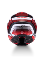 Alpinestars S-R7 Kinetis hjelm, fuldheds-motorcykelhjelm set bagfra, sort, rød og hvid med blankt grafisk layout, mærkelogoer og CE-certificeringsdetaljer