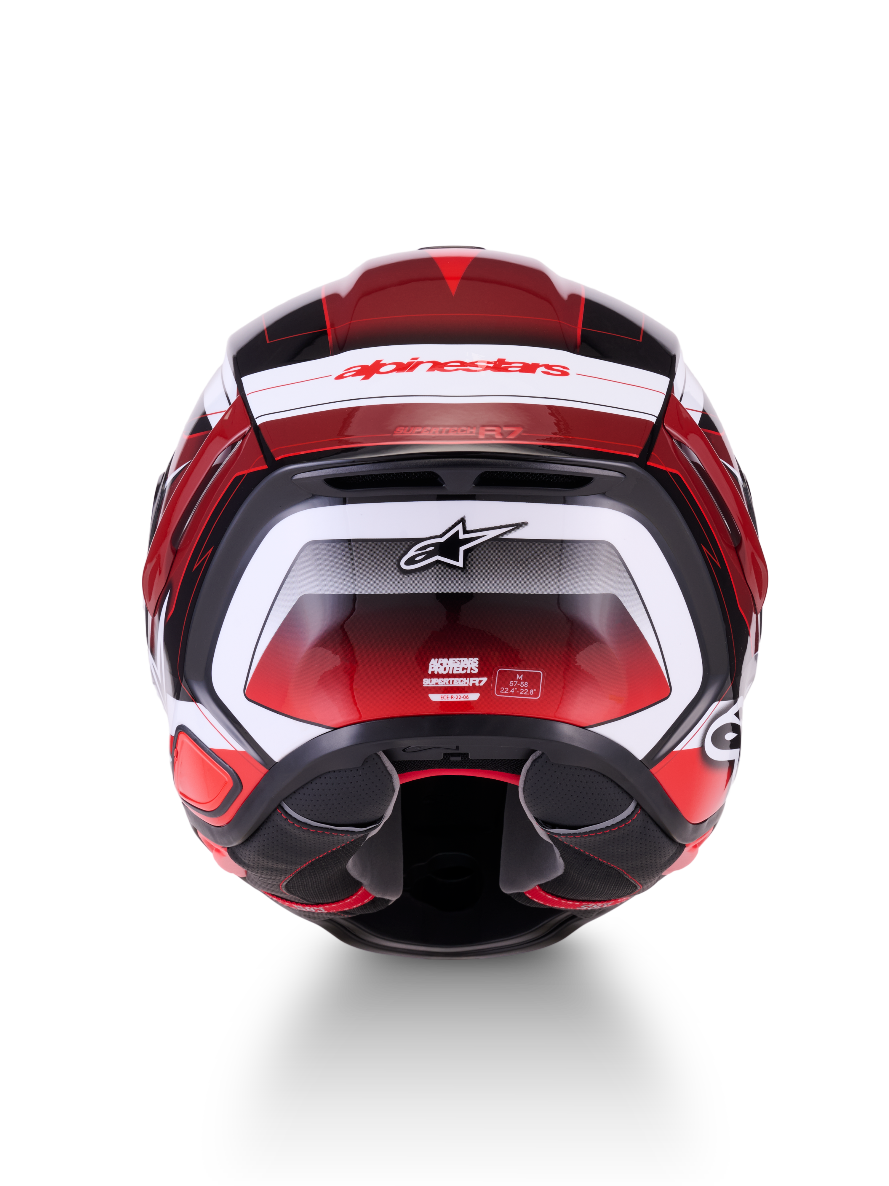 Alpinestars S-R7 Kinetis hjelm, fuldheds-motorcykelhjelm set bagfra, sort, rød og hvid med blankt grafisk layout, mærkelogoer og CE-certificeringsdetaljer