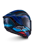Alpinestars S-R7 Kinetis hjelm, motorcykelhjelm, sort, blå og pink fluo med hvide detaljer, kulstofkompositkonstruktion, blank finish
