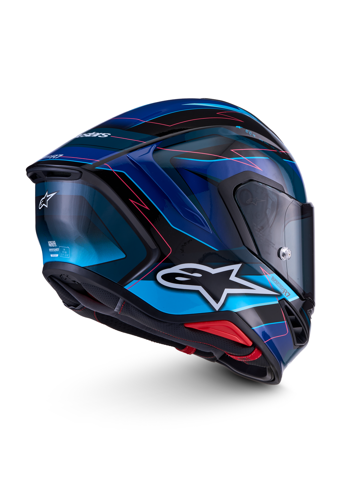 Alpinestars S-R7 Kinetis hjelm, motorcykelhjelm, sort, blå og pink fluo med hvide detaljer, kulstofkompositkonstruktion, blank finish