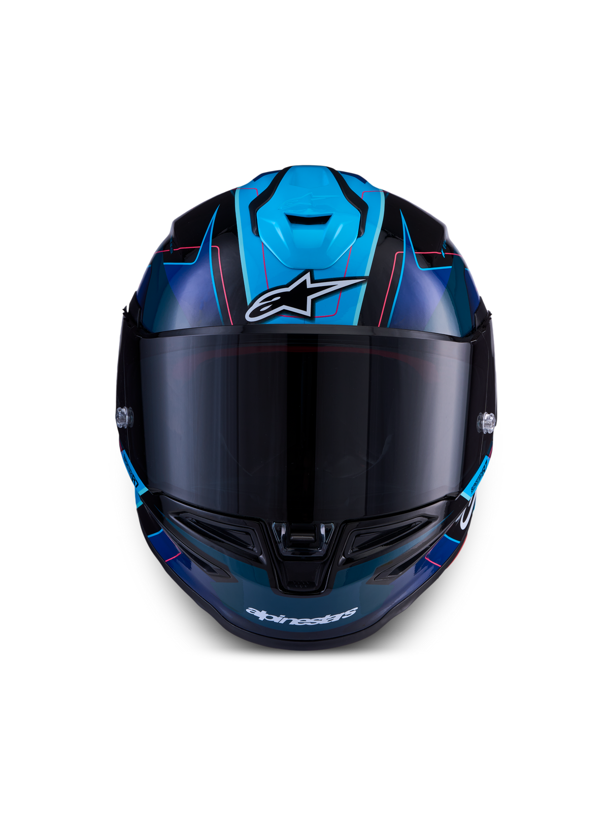 Alpinestars S-R7 Kinetis Helmet, full-face motorcycle racing helmet, Black, Blue, and Pink Fluo, carbon composite construction with ECE certification