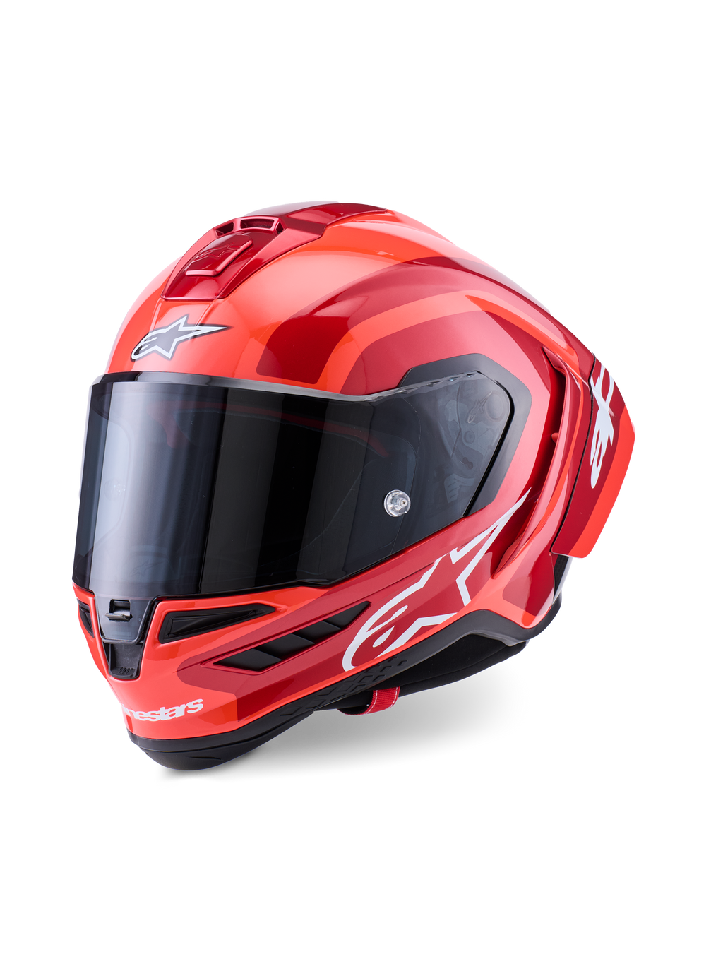Alpinestars Supertech R10 Arius hjelm, full-face racerhjelm, rød og orange glossy, med hvide Alpinestars-logoer, mørkt tonet visir, aerodynamisk carbon-komposit design med multi-vent kølesystem