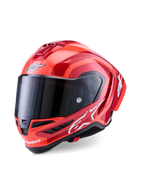 Alpinestars Supertech R10 Arius hjelm, full-face racerhjelm, rød og orange glossy, med hvide Alpinestars-logoer, mørkt tonet visir, aerodynamisk carbon-komposit design med multi-vent kølesystem
