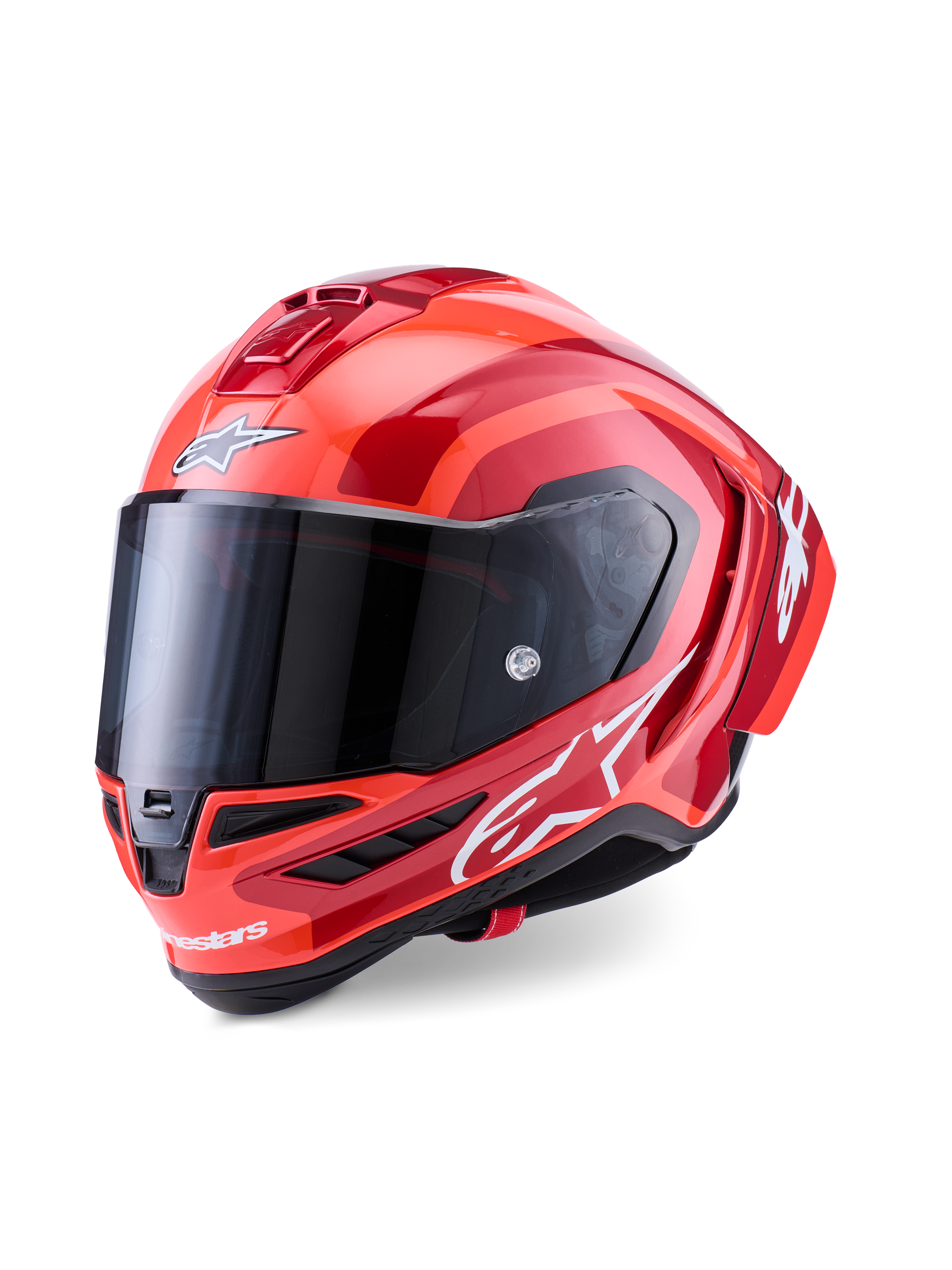 Alpinestars Supertech R10 Arius hjelm, full-face racerhjelm, rød og orange glossy, med hvide Alpinestars-logoer, mørkt tonet visir, aerodynamisk carbon-komposit design med multi-vent kølesystem