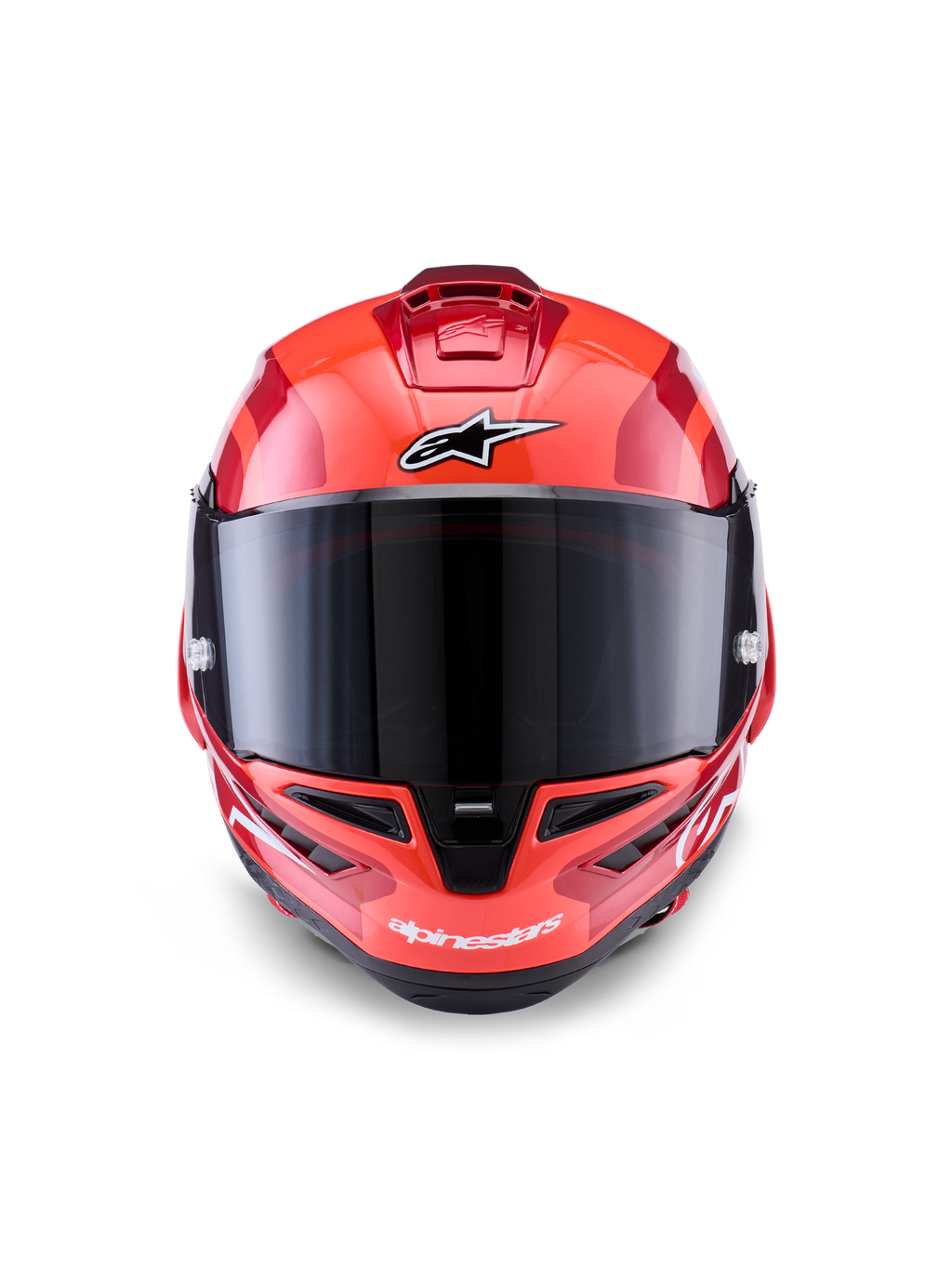 Alpinestars Supertech R10 Arius hjelm, full-face racerhjelm, rød med hvide og sorte detaljer, set forfra med mørkt røgfarvet visir, med Alpinestars-branding på panden og hagen, blank finish med aerodynamiske ventilationsåbninger