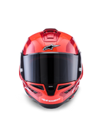 Alpinestars Supertech R10 Arius hjelm, full-face racerhjelm, rød med hvide og sorte detaljer, set forfra med mørkt røgfarvet visir, med Alpinestars-branding på panden og hagen, blank finish med aerodynamiske ventilationsåbninger