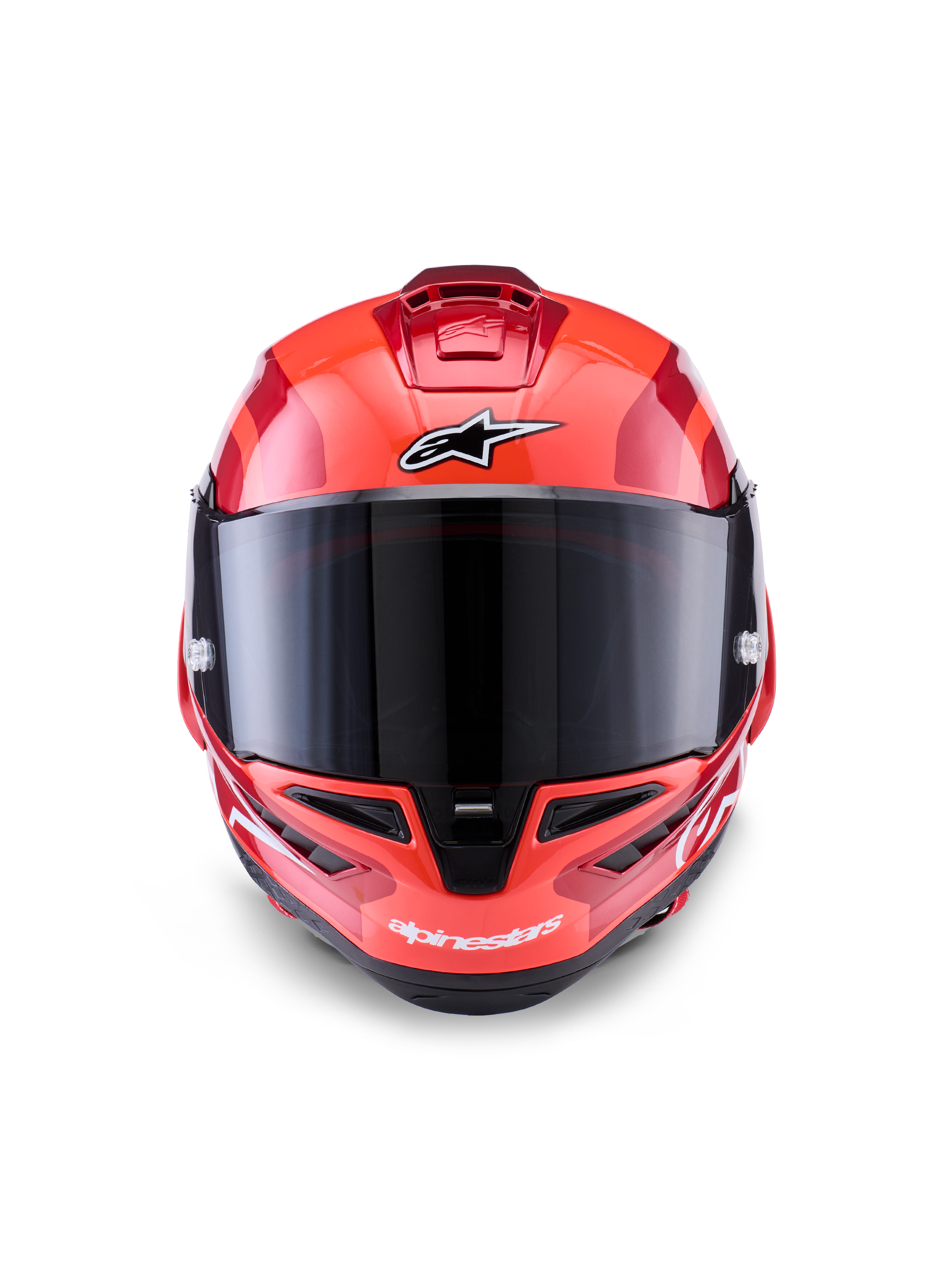 Alpinestars Supertech R10 Arius hjelm, full-face racerhjelm, rød med hvide og sorte detaljer, set forfra med mørkt røgfarvet visir, med Alpinestars-branding på panden og hagen, blank finish med aerodynamiske ventilationsåbninger