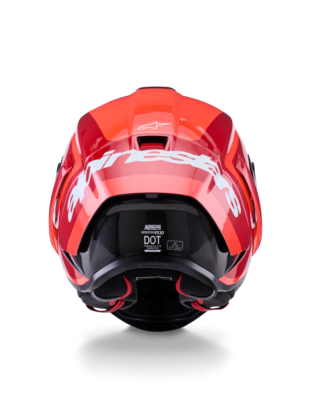 Alpinestars Supertech R10 Arius-hjelm, set bagfra, blankt rødt og mørkerødt design, stort hvidt Alpinestars-navnetræk hen over bagsiden, synlige DOT- og ECE-certificeringsmærkater, højtydende aerodynamisk racerhjelm