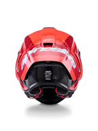 Alpinestars Supertech R10 Arius-hjelm, set bagfra, blankt rødt og mørkerødt design, stort hvidt Alpinestars-navnetræk hen over bagsiden, synlige DOT- og ECE-certificeringsmærkater, højtydende aerodynamisk racerhjelm