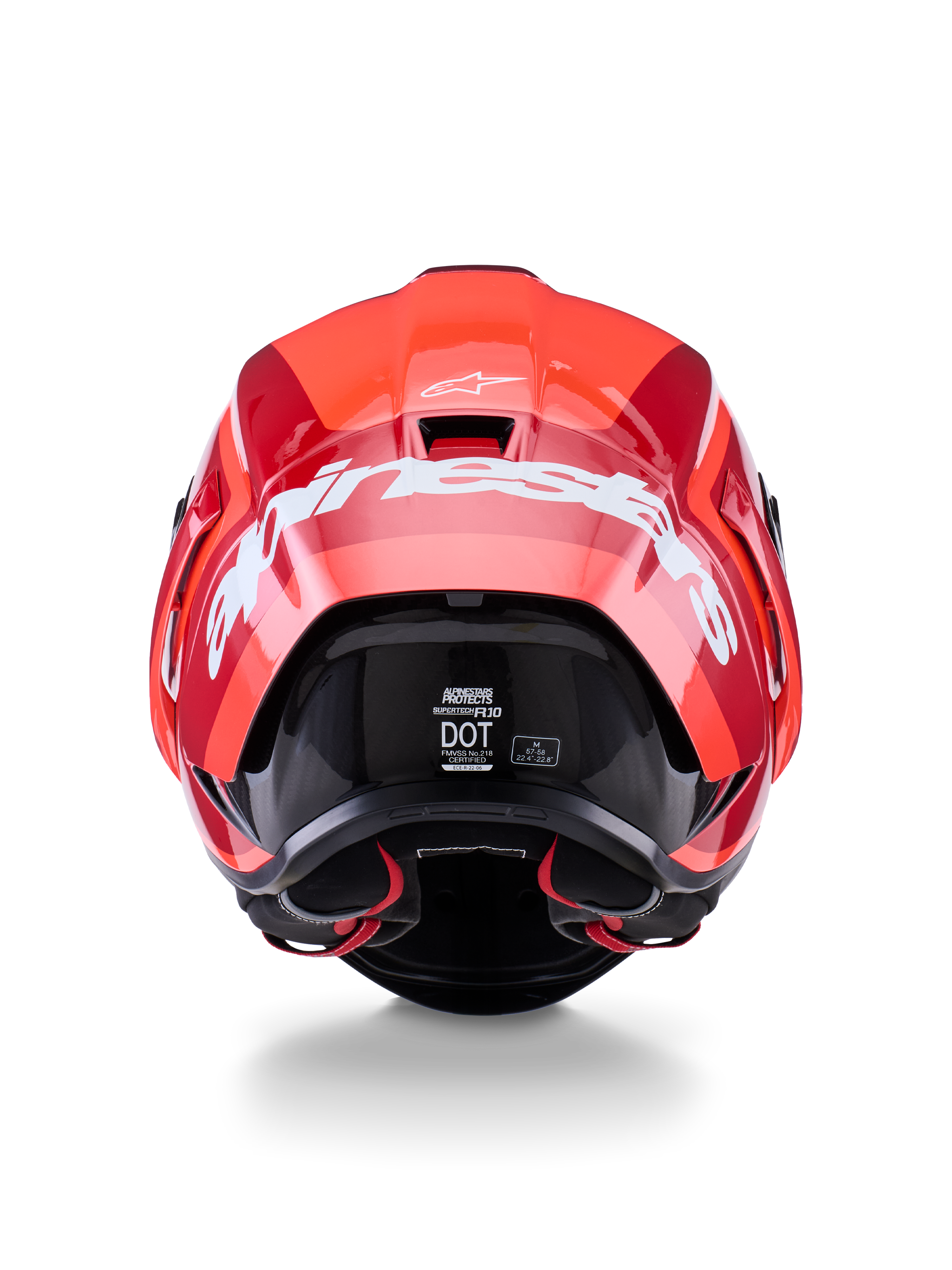 Alpinestars Supertech R10 Arius-hjelm, set bagfra, blankt rødt og mørkerødt design, stort hvidt Alpinestars-navnetræk hen over bagsiden, synlige DOT- og ECE-certificeringsmærkater, højtydende aerodynamisk racerhjelm
