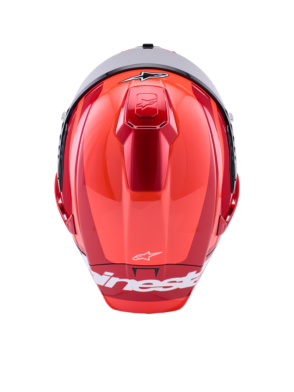 Alpinestars Supertech R10 Arius hjelm, fullface racerhjelm, blank rød med hvide detaljer, set fra oven, viser aerodynamiske skalkonturer, hvidt Alpinestars-branding og integreret topventilation