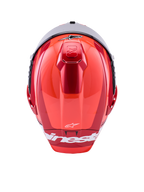 Alpinestars Supertech R10 Arius hjelm, fullface racerhjelm, blank rød med hvide detaljer, set fra oven, viser aerodynamiske skalkonturer, hvidt Alpinestars-branding og integreret topventilation