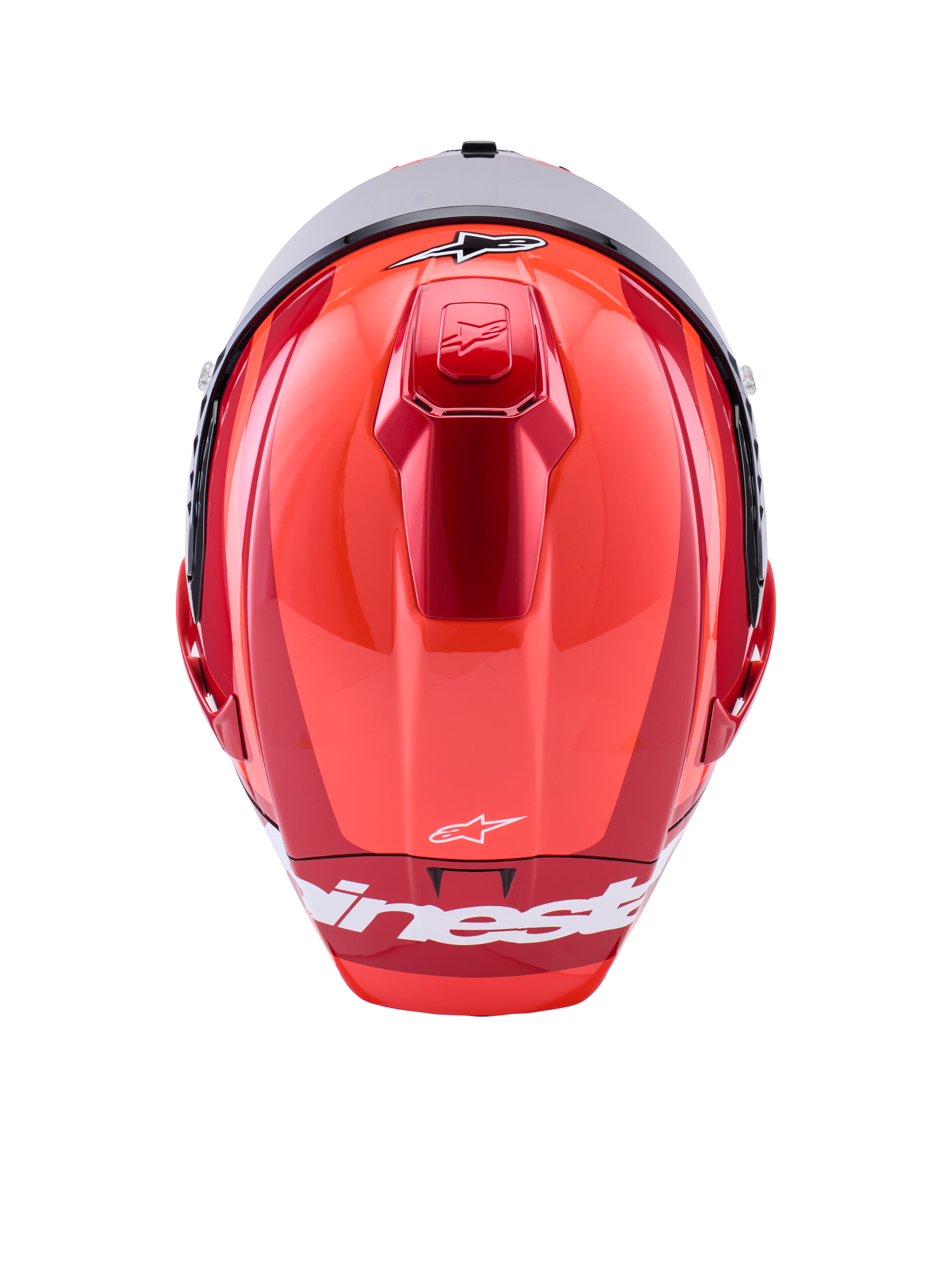 Alpinestars Supertech R10 Arius hjelm, fullface racerhjelm, blank rød med hvide detaljer, set fra oven, viser aerodynamiske skalkonturer, hvidt Alpinestars-branding og integreret topventilation