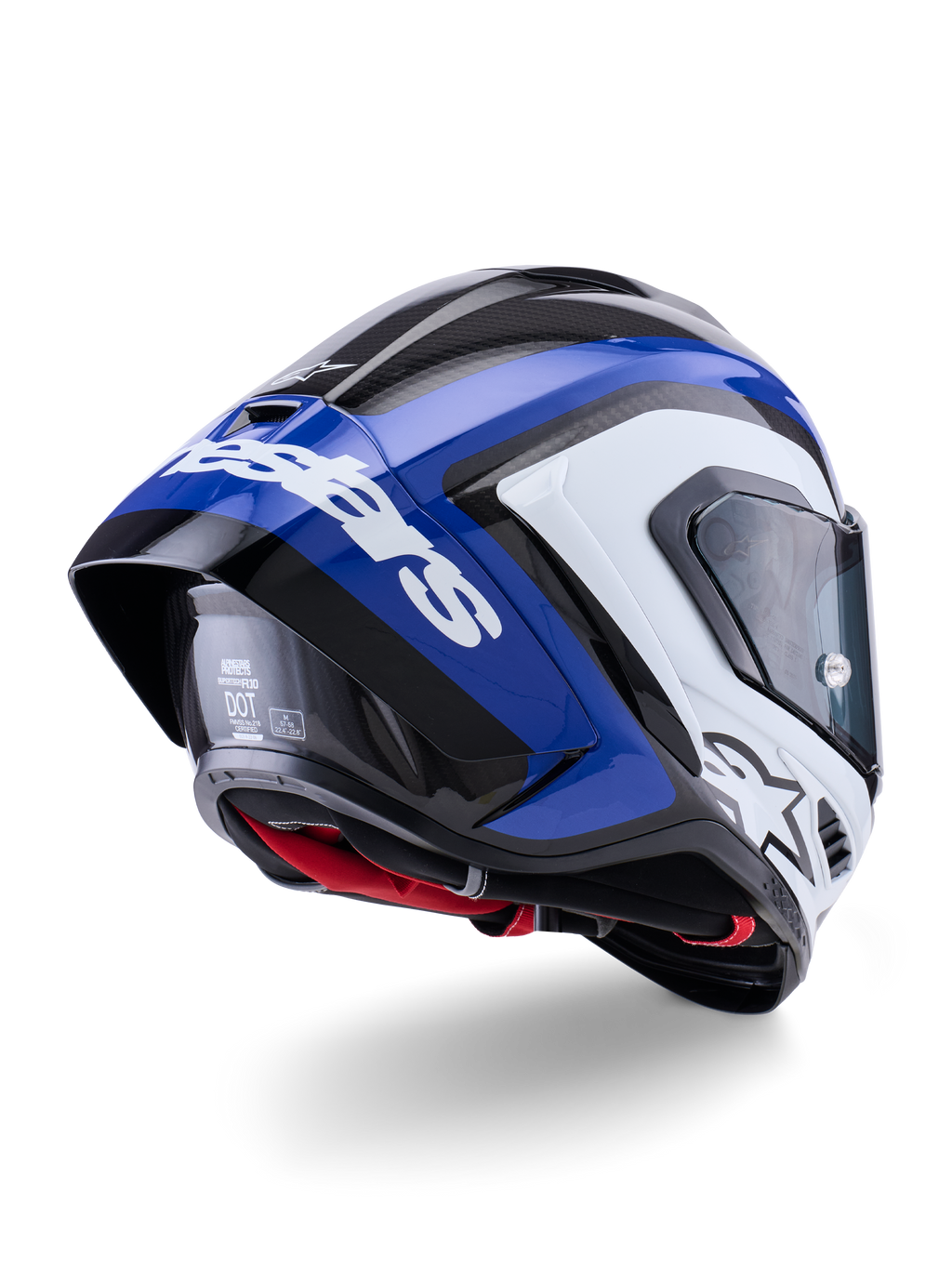 Alpinestars Supertech R10 Arius-hjelm, full-face racerhjelm, blank sort, hvid og blå, set bagfra i trekvart profil, der viser den aerodynamiske spoiler, synlig kulfiber-tekstur og fremtrædende hvid Alpinestars-branding