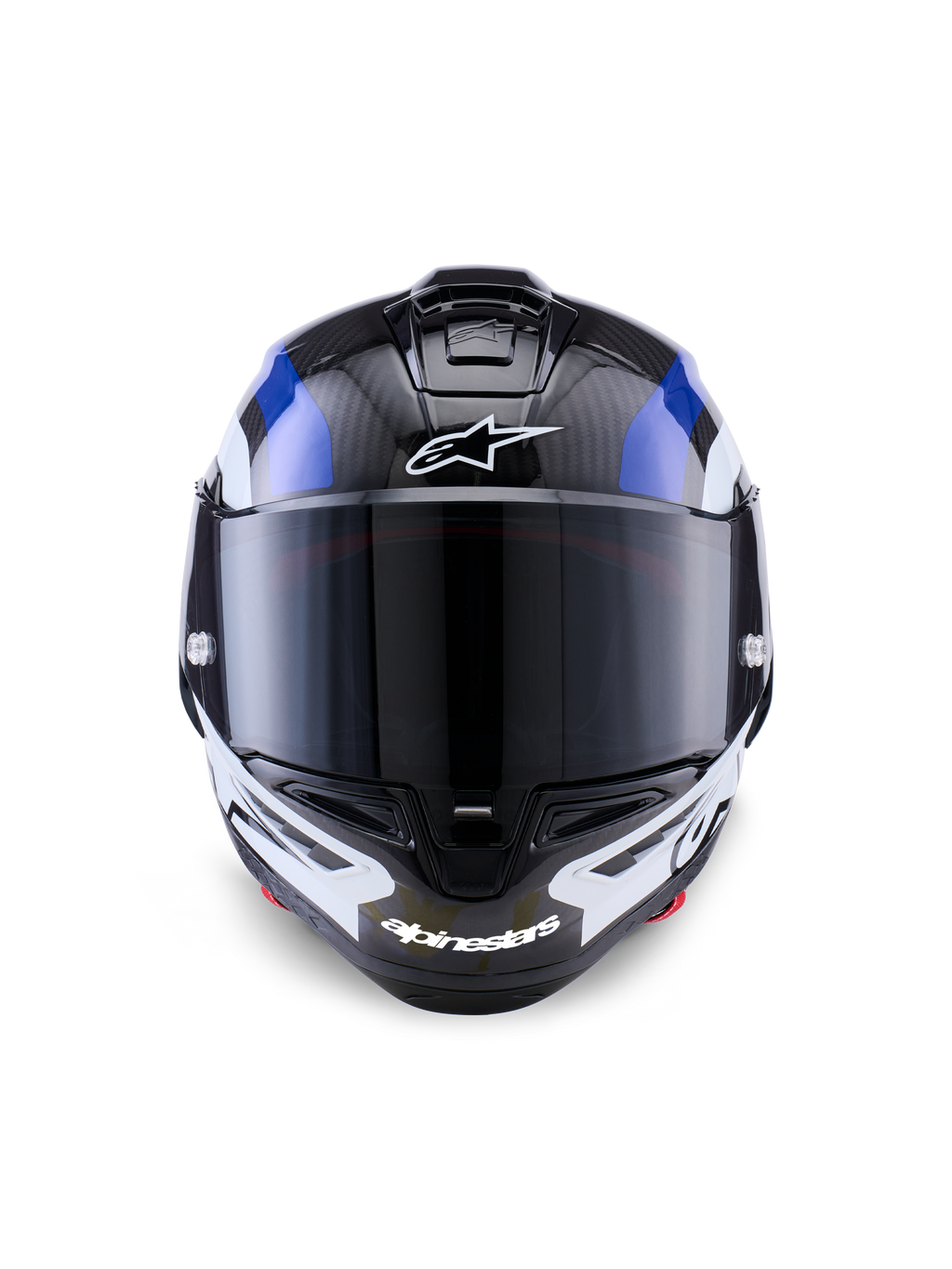 Alpinestars Supertech R10 Arius hjelm, full-face racerhjelm, sort, hvid og blå blank finish, set forfra med mørkt tonet visir, synlig kulfibertekstur på den øverste skal, hvidt Alpinestars-logo på pande og hage, strømlinet aerodynamisk design til professionel racing
