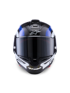 Alpinestars Supertech R10 Arius hjelm, full-face racerhjelm, sort, hvid og blå blank finish, set forfra med mørkt tonet visir, synlig kulfibertekstur på den øverste skal, hvidt Alpinestars-logo på pande og hage, strømlinet aerodynamisk design til professionel racing