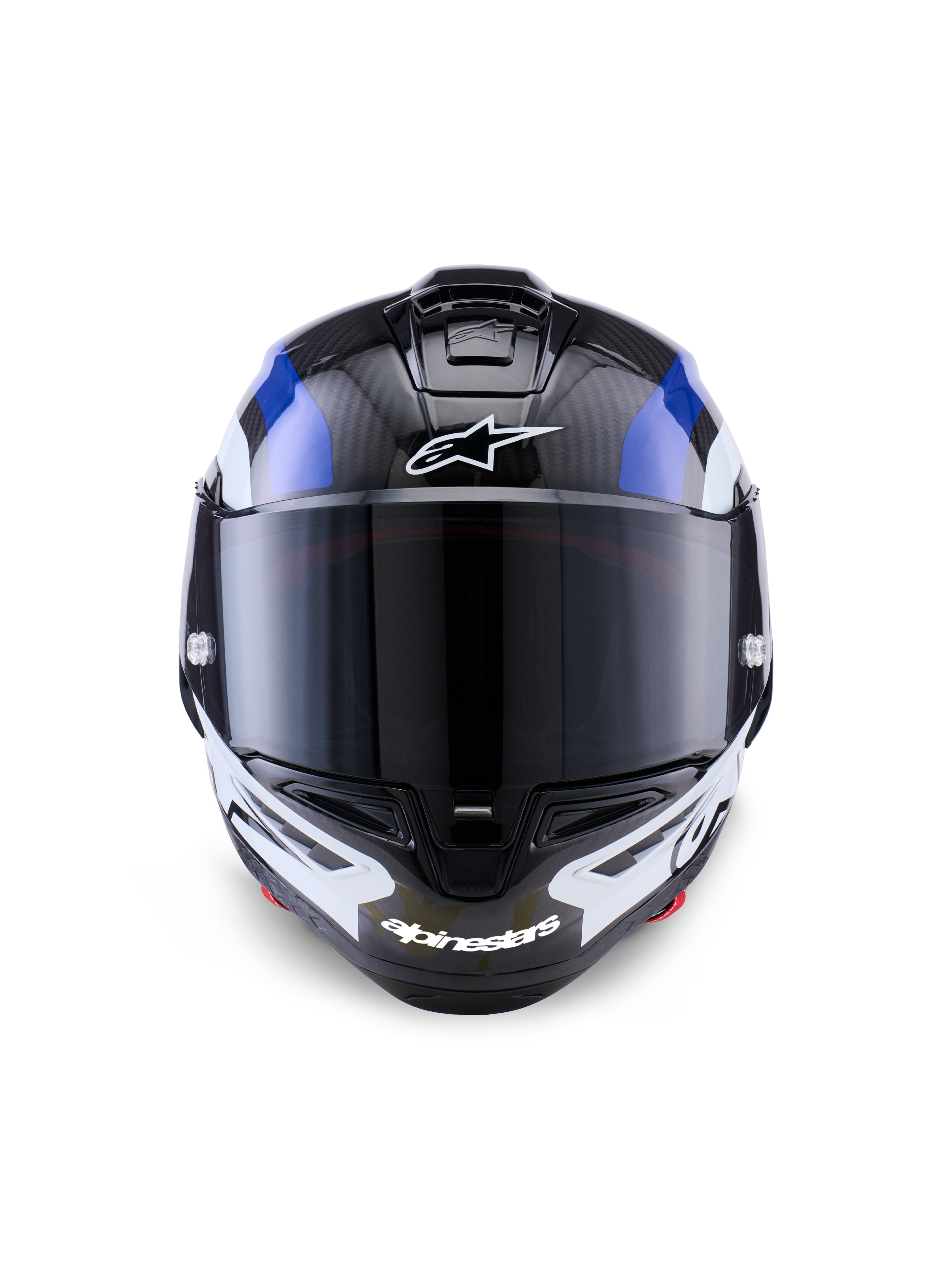 Alpinestars Supertech R10 Arius hjelm, full-face racerhjelm, sort, hvid og blå blank finish, set forfra med mørkt tonet visir, synlig kulfibertekstur på den øverste skal, hvidt Alpinestars-logo på pande og hage, strømlinet aerodynamisk design til professionel racing