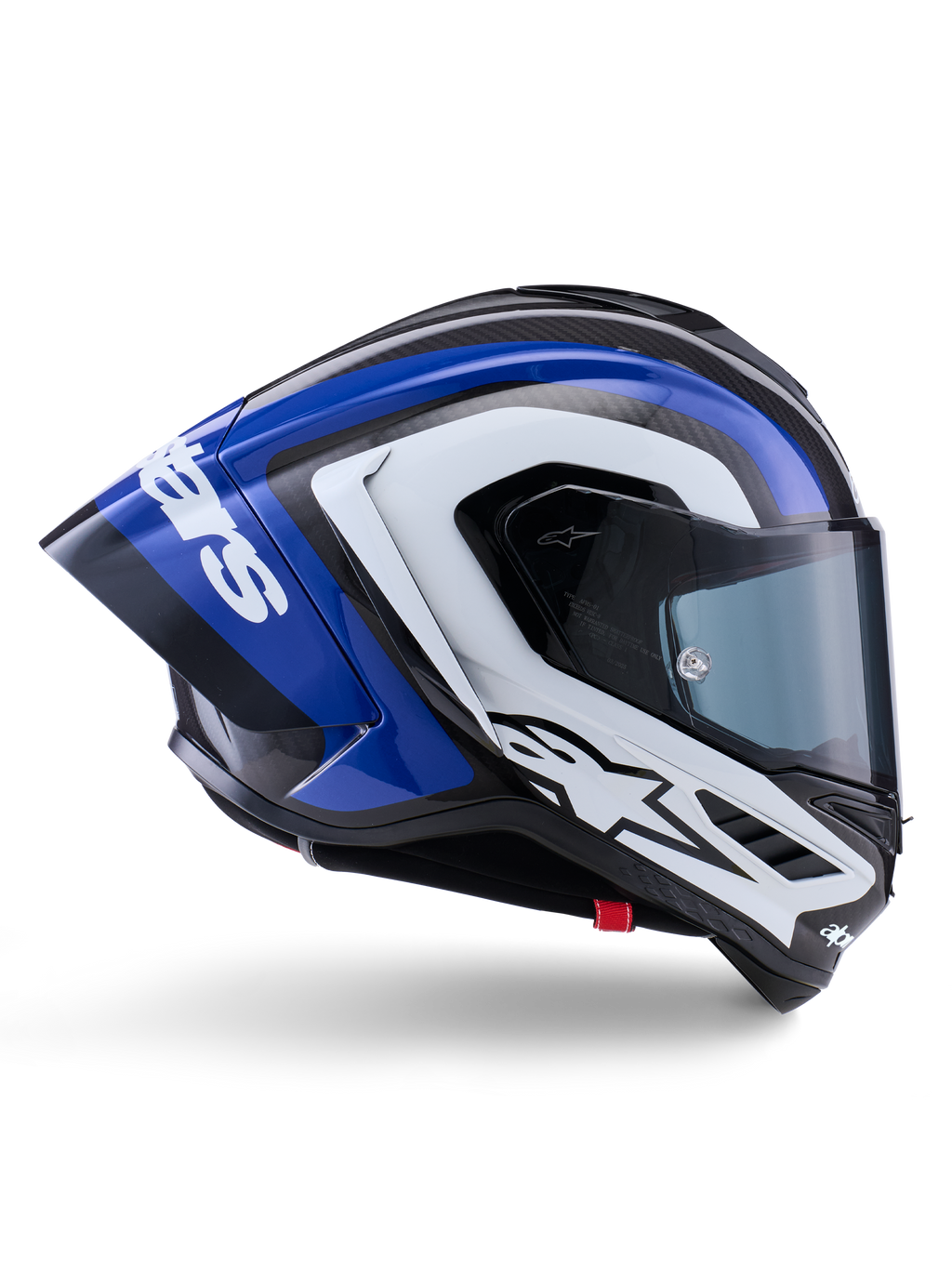 Alpinestars Supertech R10 Arius hjelm, full-face racinghjelm, sort, hvid og blå blank finish, aerodynamisk sidevisning, der viser kulfiberskal og stor bagspoiler med Alpinestars-logo, professionelt motorcykelbeskyttelsesudstyr