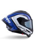 Alpinestars Supertech R10 Arius hjelm, full-face racinghjelm, sort, hvid og blå blank finish, aerodynamisk sidevisning, der viser kulfiberskal og stor bagspoiler med Alpinestars-logo, professionelt motorcykelbeskyttelsesudstyr