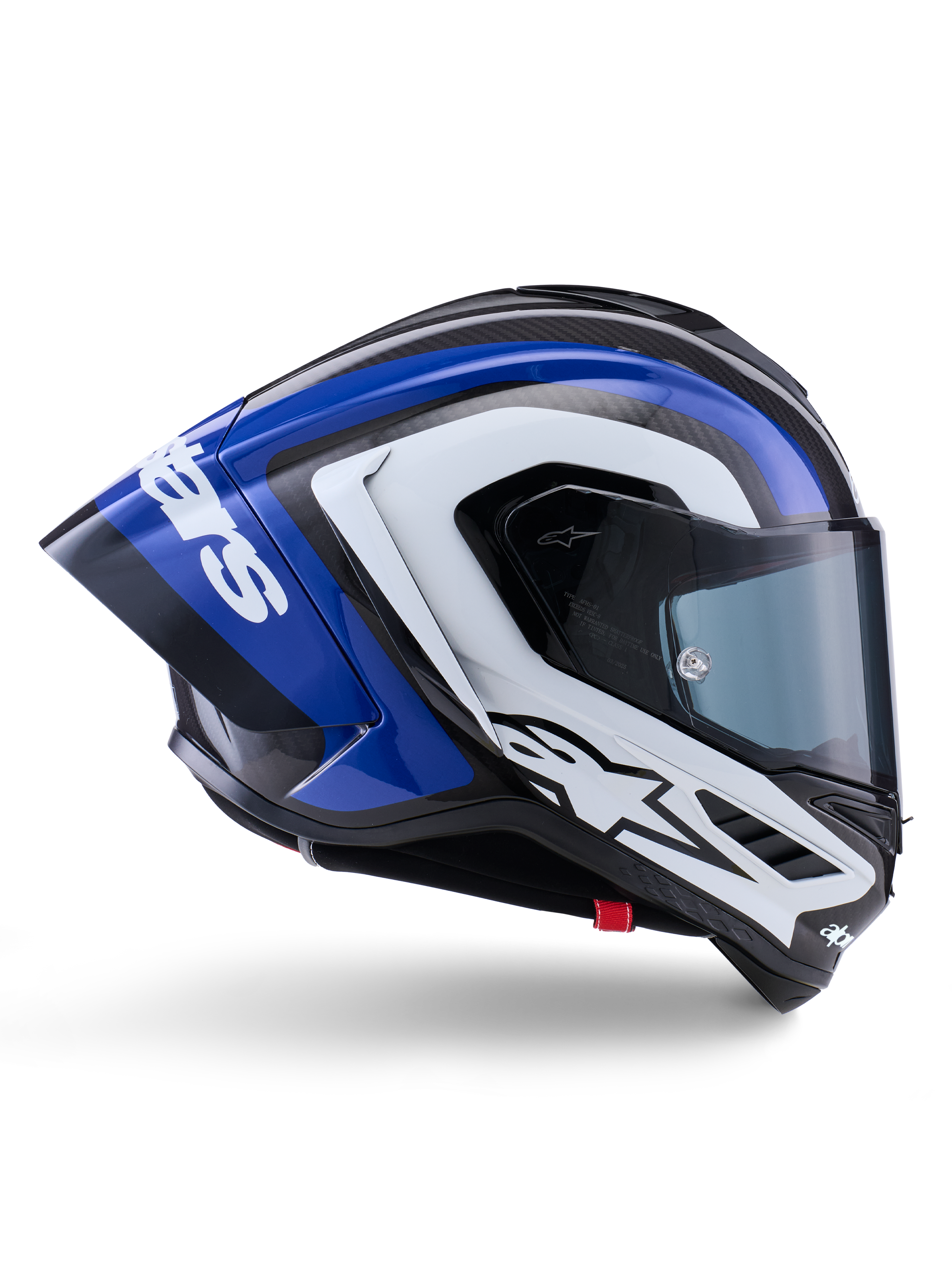 Alpinestars Supertech R10 Arius hjelm, full-face racinghjelm, sort, hvid og blå blank finish, aerodynamisk sidevisning, der viser kulfiberskal og stor bagspoiler med Alpinestars-logo, professionelt motorcykelbeskyttelsesudstyr