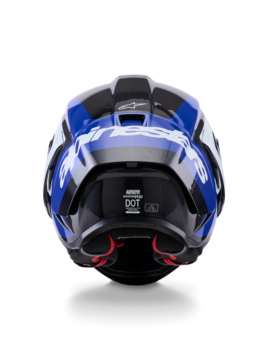 Alpinestars Supertech R10 Arius-hjelm, set bagfra, blank sort, hvid og blå, kulfiberkonstruktion med markant hvid branding, aerodynamisk form, DOT-certificeret mærkat, rød indvendig polstring