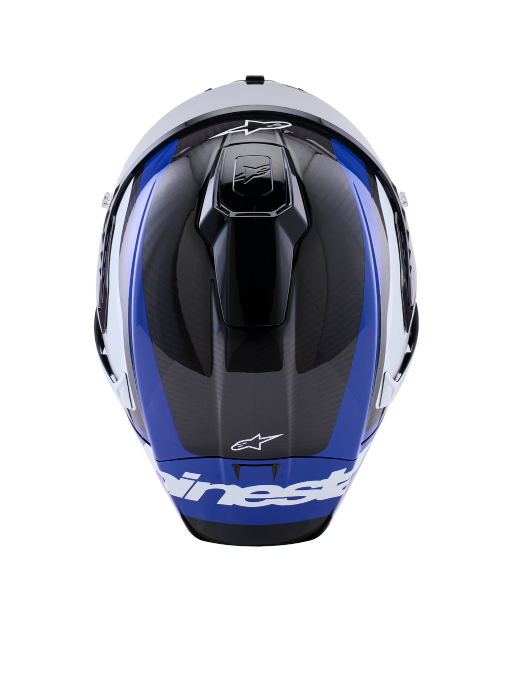 Alpinestars Supertech R10 Arius hjelm, full-face motorcykel racerhjelm, blank sort, hvid og blå, set fra oven med fokus på kulfibervævning, aerodynamiske ventilationsåbninger og hvid Alpinestars-branding