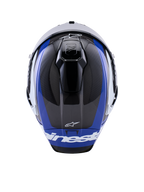 Alpinestars Supertech R10 Arius hjelm, full-face motorcykel racerhjelm, blank sort, hvid og blå, set fra oven med fokus på kulfibervævning, aerodynamiske ventilationsåbninger og hvid Alpinestars-branding