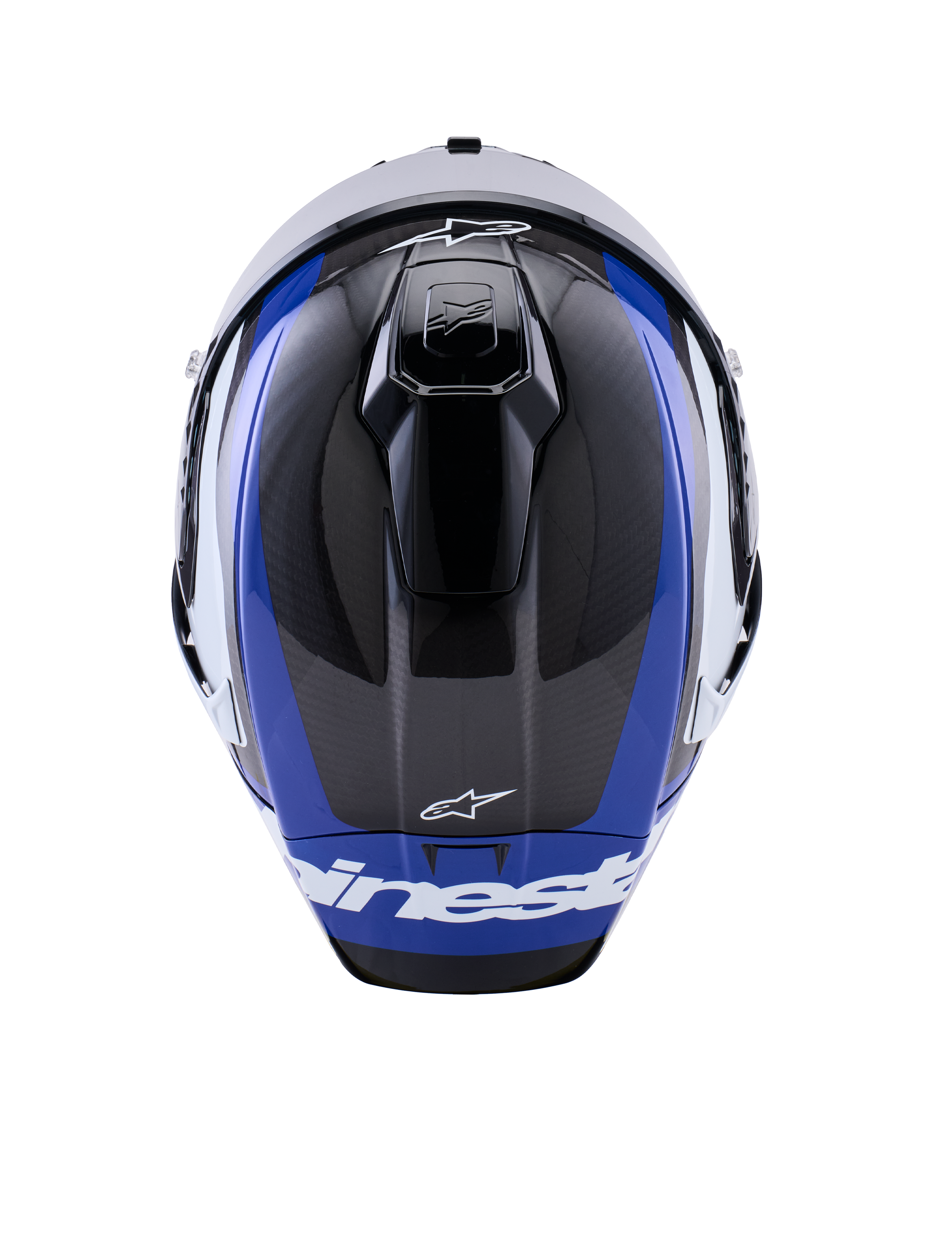 Alpinestars Supertech R10 Arius hjelm, full-face motorcykel racerhjelm, blank sort, hvid og blå, set fra oven med fokus på kulfibervævning, aerodynamiske ventilationsåbninger og hvid Alpinestars-branding