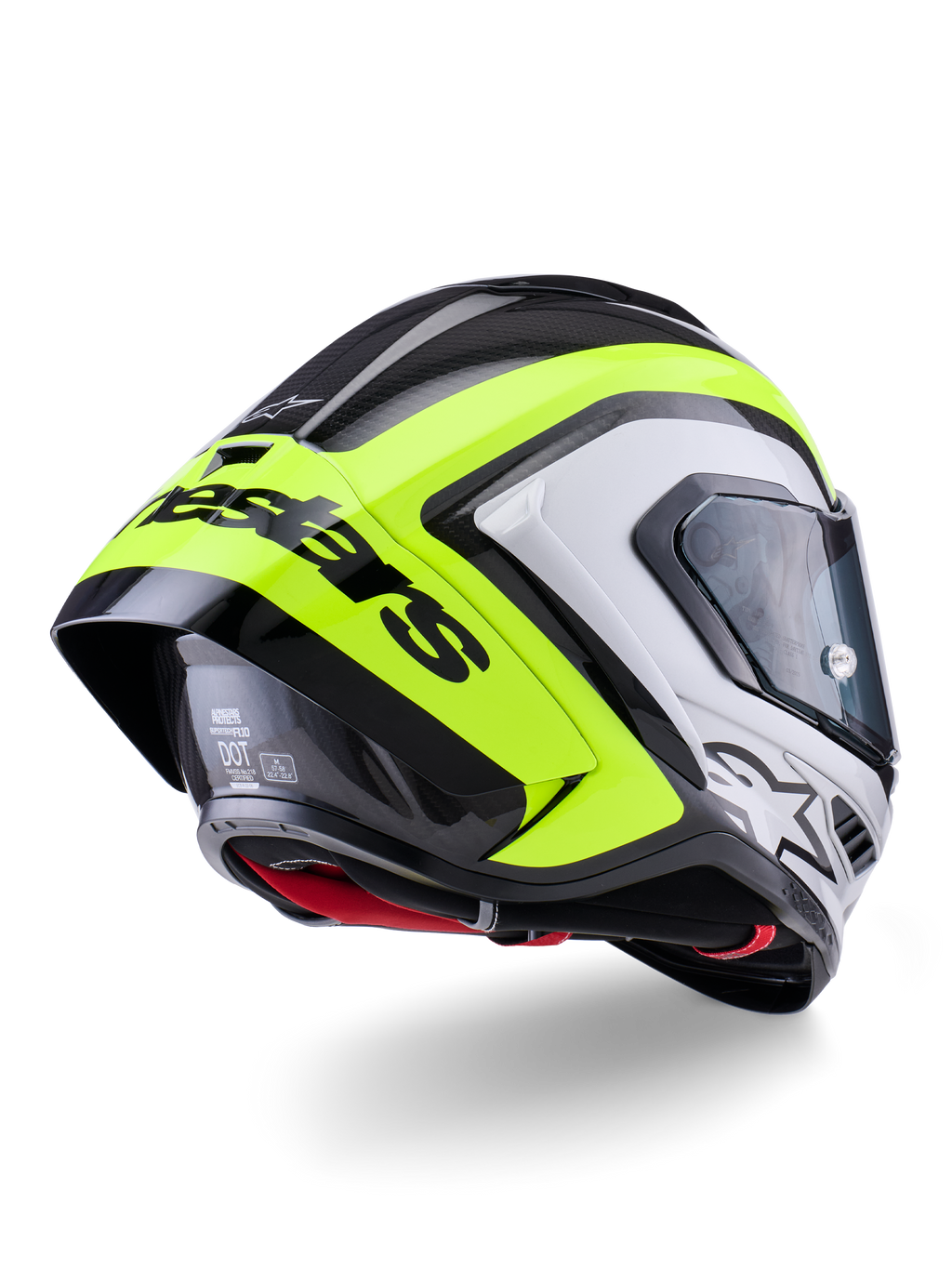 Alpinestars Supertech R10 Arius hjelm, set bagfra, sort, sølv og fluo gul blank, kulfiberskal, stor aerodynamisk spoiler med sort Alpinestars-tekst, beskyttelse i professionel racerkvalitet med strømlinet design