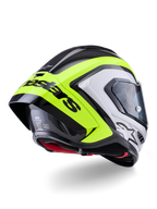Alpinestars Supertech R10 Arius hjelm, set bagfra, sort, sølv og fluo gul blank, kulfiberskal, stor aerodynamisk spoiler med sort Alpinestars-tekst, beskyttelse i professionel racerkvalitet med strømlinet design