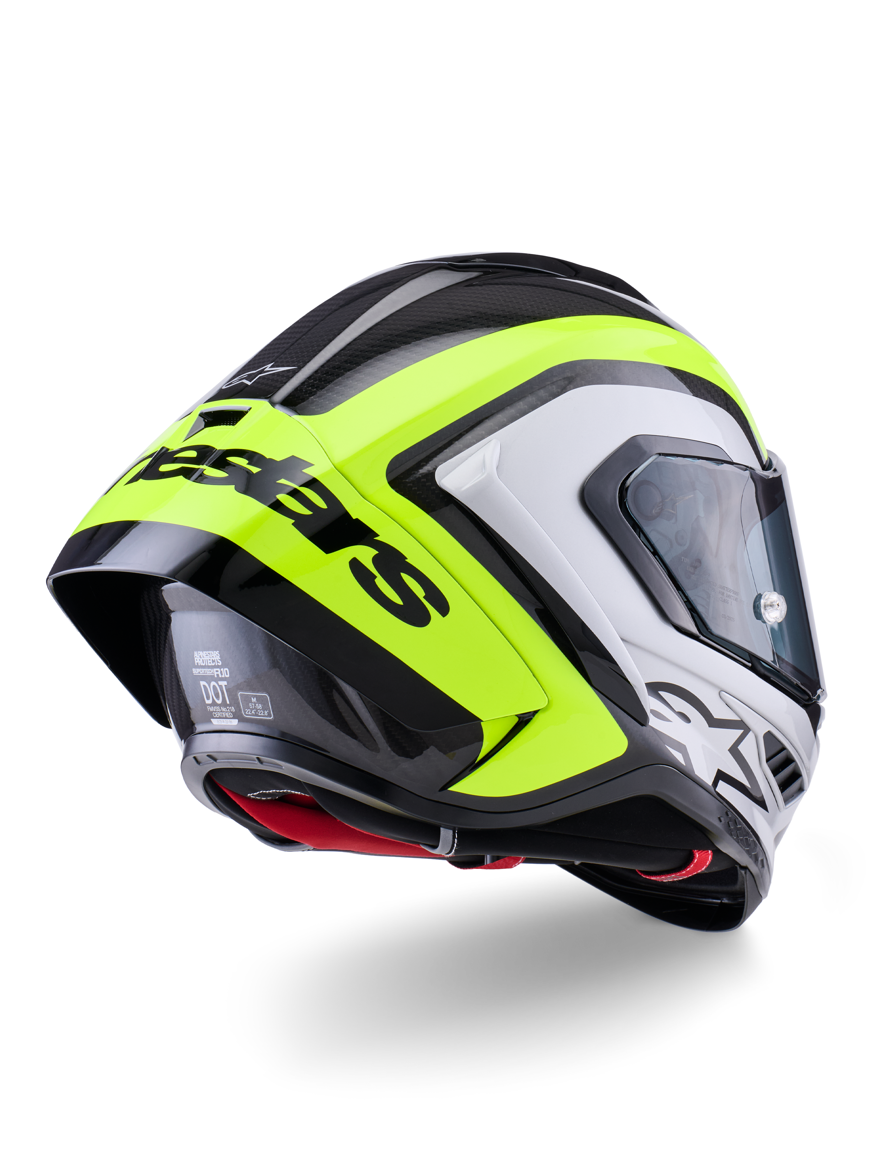 Alpinestars Supertech R10 Arius hjelm, set bagfra, sort, sølv og fluo gul blank, kulfiberskal, stor aerodynamisk spoiler med sort Alpinestars-tekst, beskyttelse i professionel racerkvalitet med strømlinet design