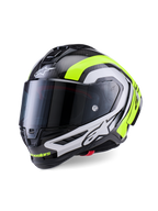 Alpinestars Supertech R10 Arius-hjelm, professionel racing-motorcykelhjelm, blank sort carbon med detaljer i sølv og fluorescerende gul, mørkt røgfarvet visir, aerodynamiske winglets og markant Alpinestars-branding