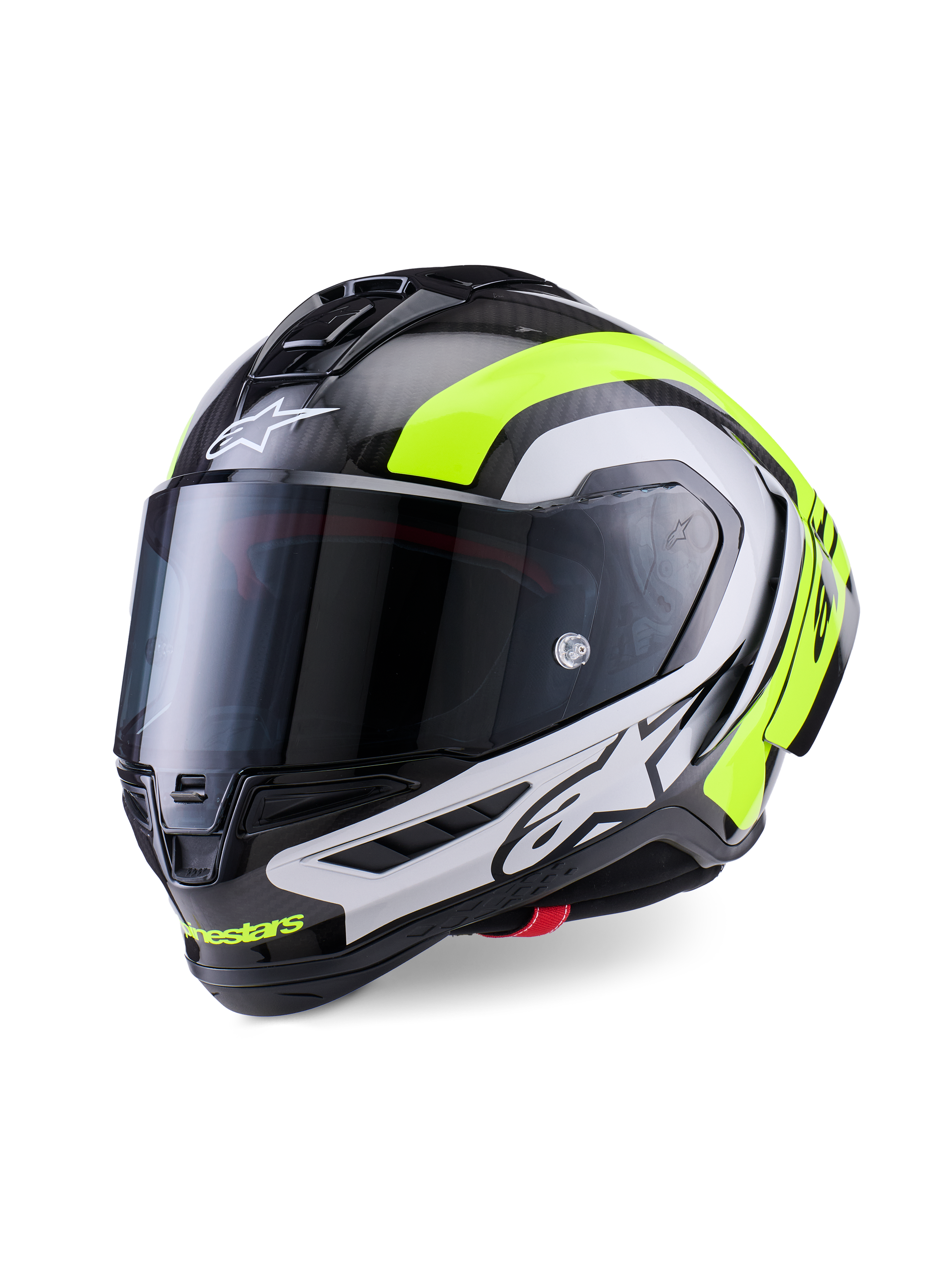 Alpinestars Supertech R10 Arius-hjelm, professionel racing-motorcykelhjelm, blank sort carbon med detaljer i sølv og fluorescerende gul, mørkt røgfarvet visir, aerodynamiske winglets og markant Alpinestars-branding