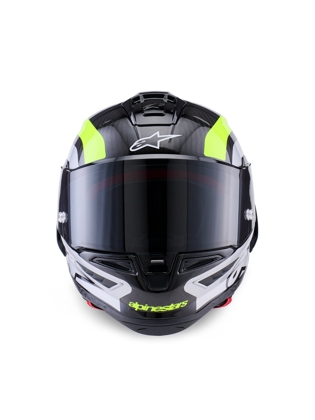 Alpinestars Supertech R10 Arius hjelm, racermotorcykelhjelm, sort, sølv og gul fluo blank, set forfra med kulfiberskal, mørkt røgfarvet visir og integreret ventilationssystem.