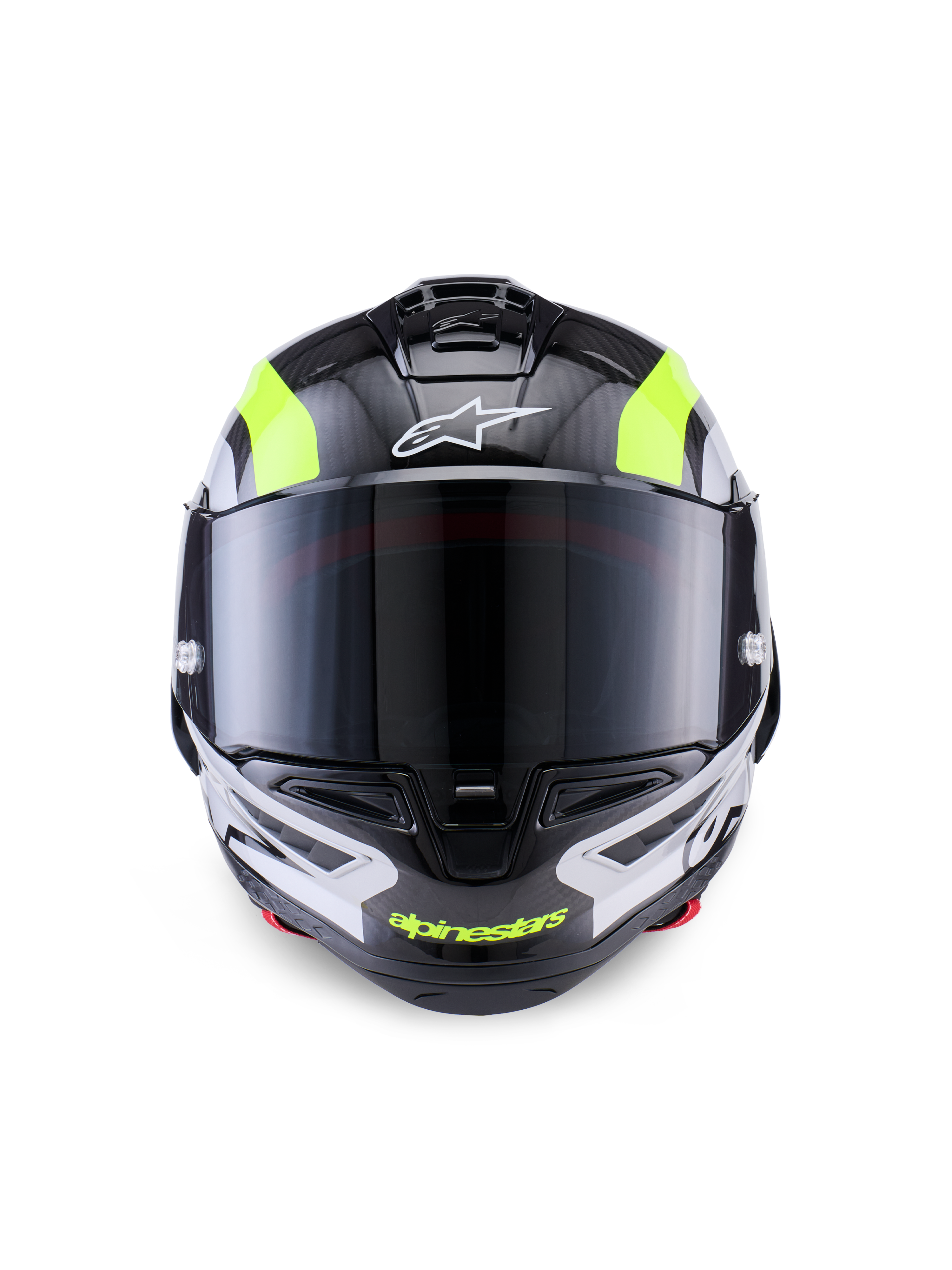 Alpinestars Supertech R10 Arius hjelm, racermotorcykelhjelm, sort, sølv og gul fluo blank, set forfra med kulfiberskal, mørkt røgfarvet visir og integreret ventilationssystem.