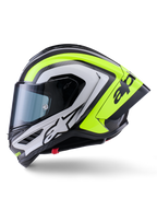 Alpinestars Supertech R10 Arius hjelm, racing motorcykelhjelm, sort, sølv og neon gul blank, set fra siden, med aerodynamisk bagspoiler, kulfiberkonstruktion, markant branding og tonet visir.