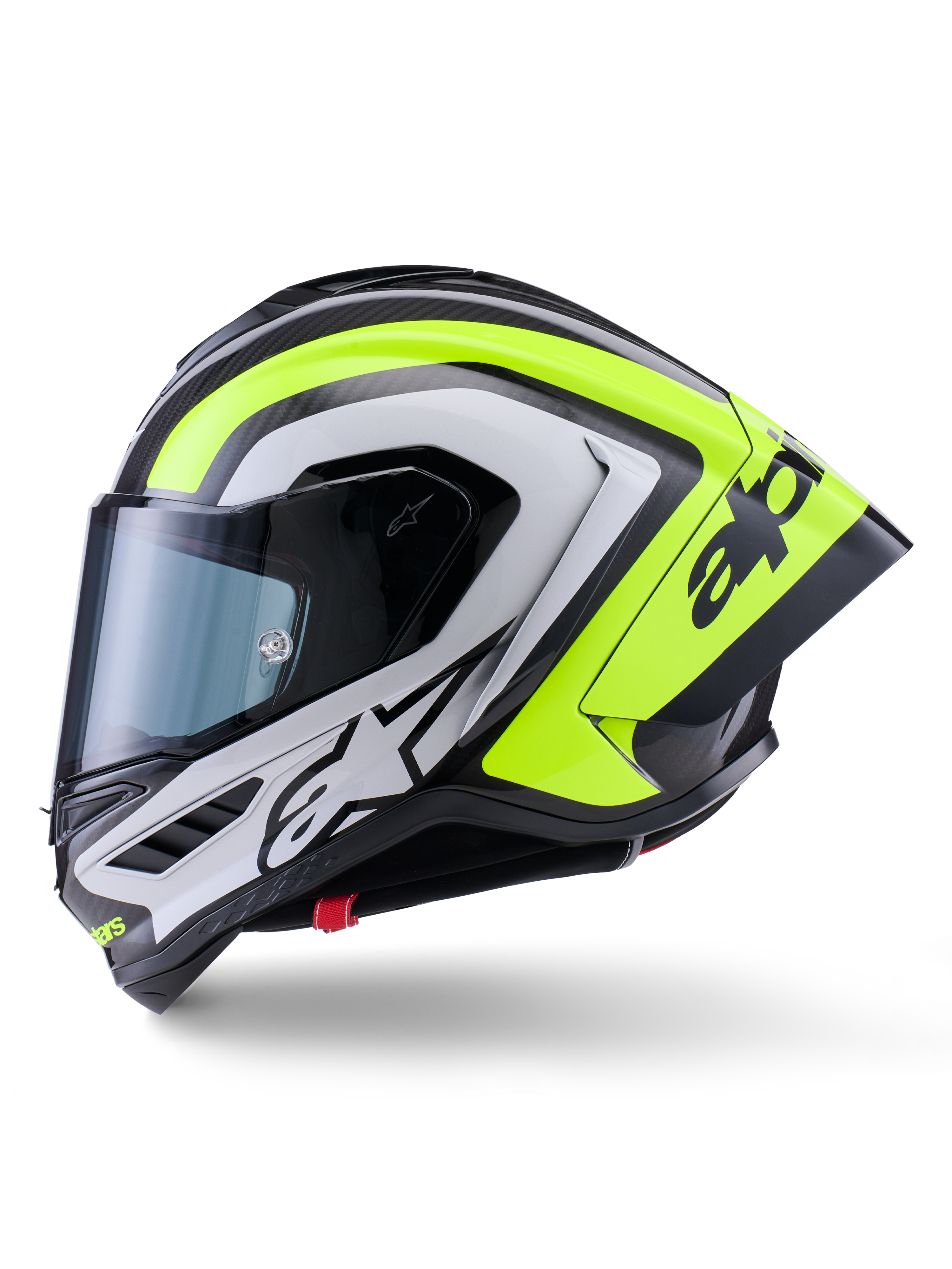 Alpinestars Supertech R10 Arius hjelm, racing motorcykelhjelm, sort, sølv og neon gul blank, set fra siden, med aerodynamisk bagspoiler, kulfiberkonstruktion, markant branding og tonet visir.