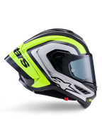 Alpinestars Supertech R10 Arius hjelm, full-face racerhjelm, sort, sølv og neon-gul blank, sideprofil der viser aerodynamisk skal og mørkt røgfarvet visir, kulfiberkonstruktion med tydelig branding