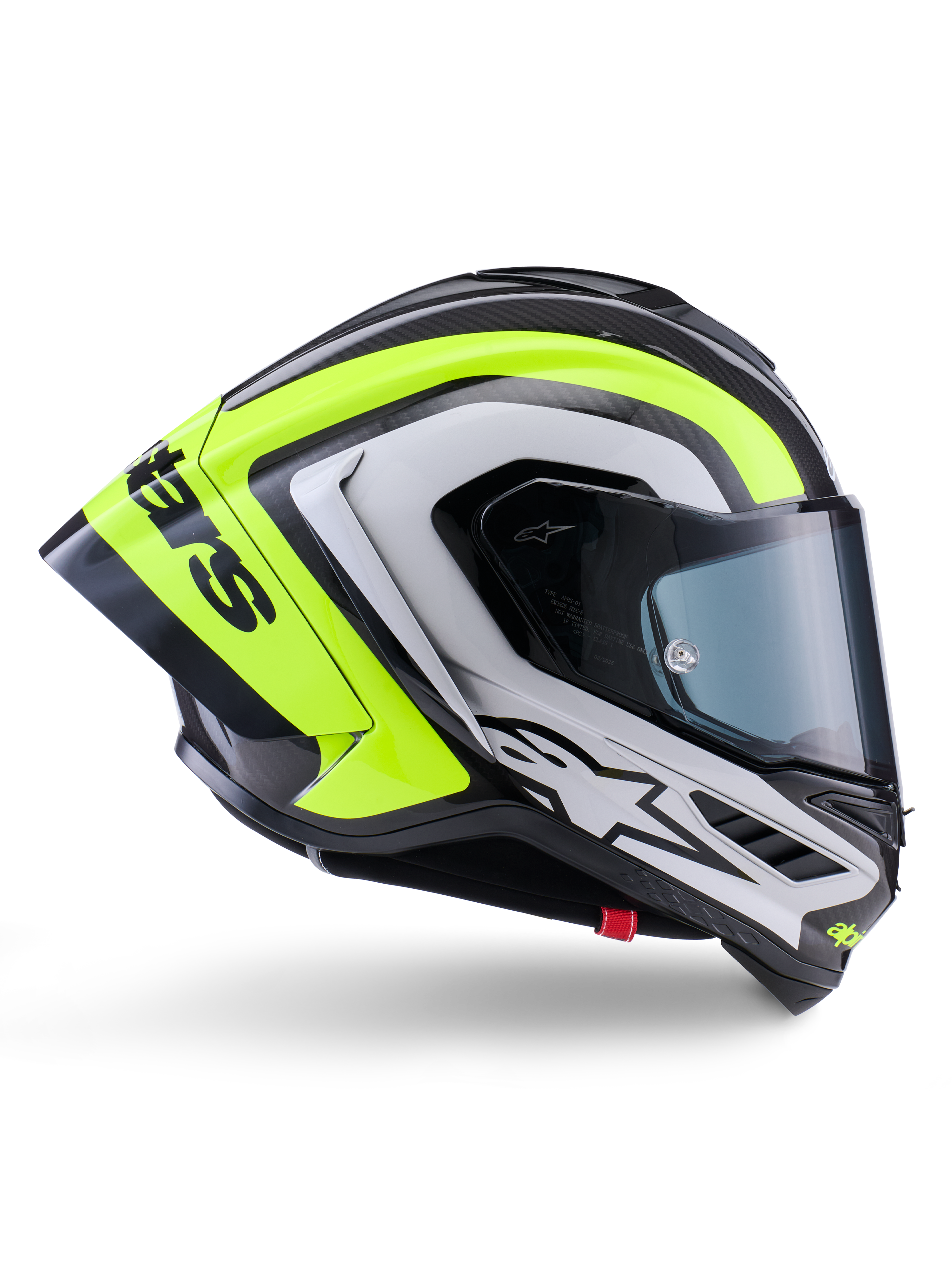 Alpinestars Supertech R10 Arius hjelm, full-face racerhjelm, sort, sølv og neon-gul blank, sideprofil der viser aerodynamisk skal og mørkt røgfarvet visir, kulfiberkonstruktion med tydelig branding