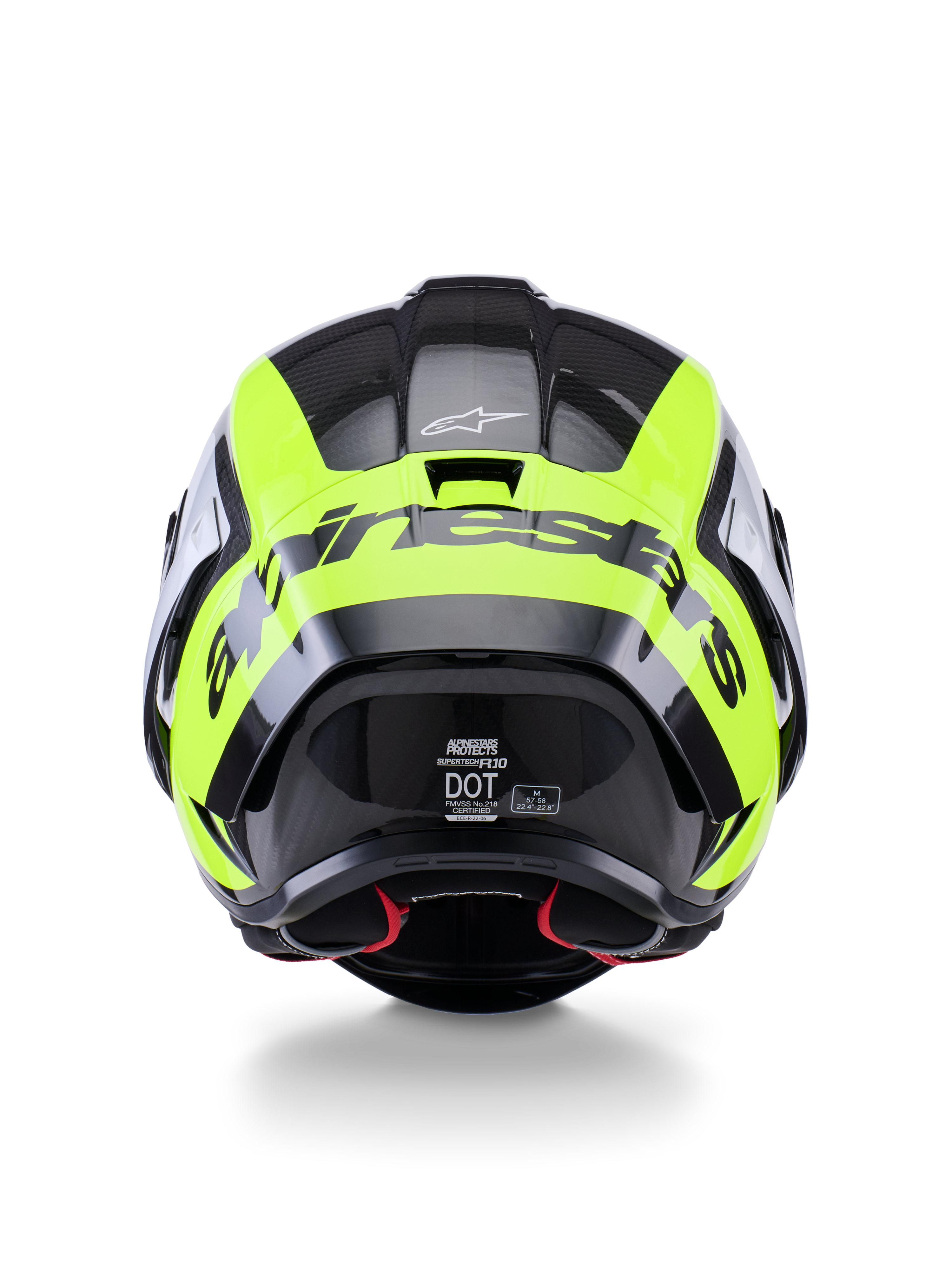 Alpinestars Supertech R10 Arius-hjelm, set bagfra, sort, sølv og gul fluo blank, højtydende racerhjelm med multi-komposit carbonskal, aerodynamisk design og markant brand-logo hen over bagsiden.