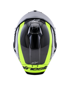Alpinestars Supertech R10 Arius hjelm, set oppefra, sort, sølv og gul fluo blank, kulfiberskal med markante fluorescerende gule striber, aerodynamiske ventilationsåbninger i toppen og Alpinestars-branding, højtydende racerhjelm