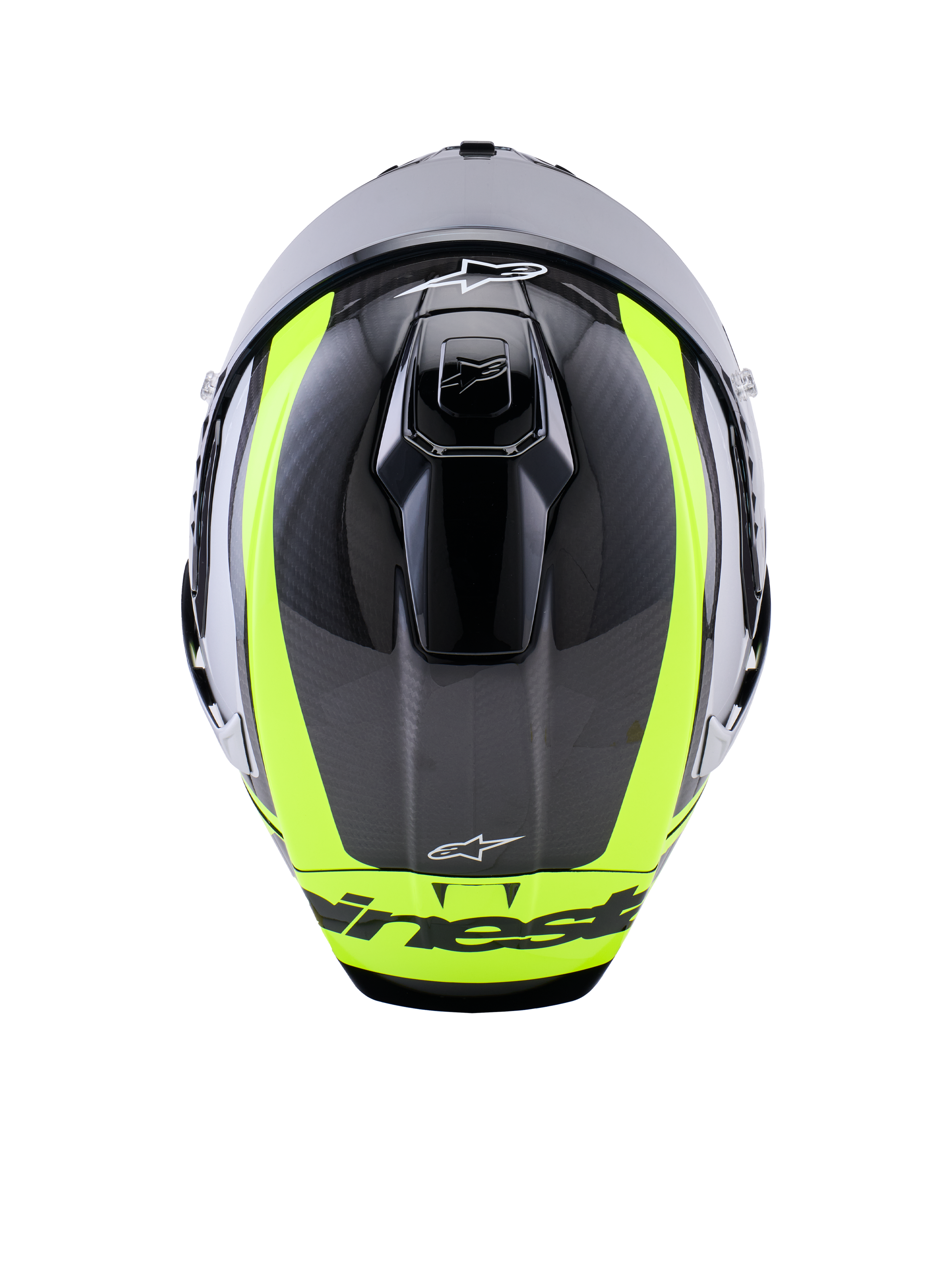 Alpinestars Supertech R10 Arius hjelm, set oppefra, sort, sølv og gul fluo blank, kulfiberskal med markante fluorescerende gule striber, aerodynamiske ventilationsåbninger i toppen og Alpinestars-branding, højtydende racerhjelm