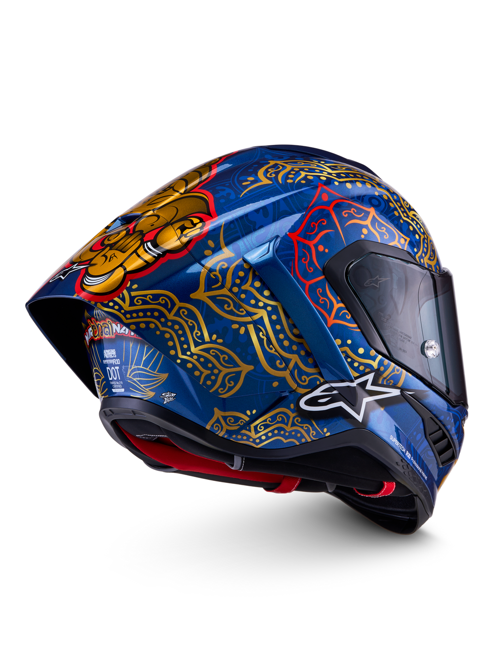 Alpinestars Supertech R10 Martinator Thai hjelm, full-face racinghjelm, blå og guld, kulfiberskal, FIM- og ECE-certificeret.